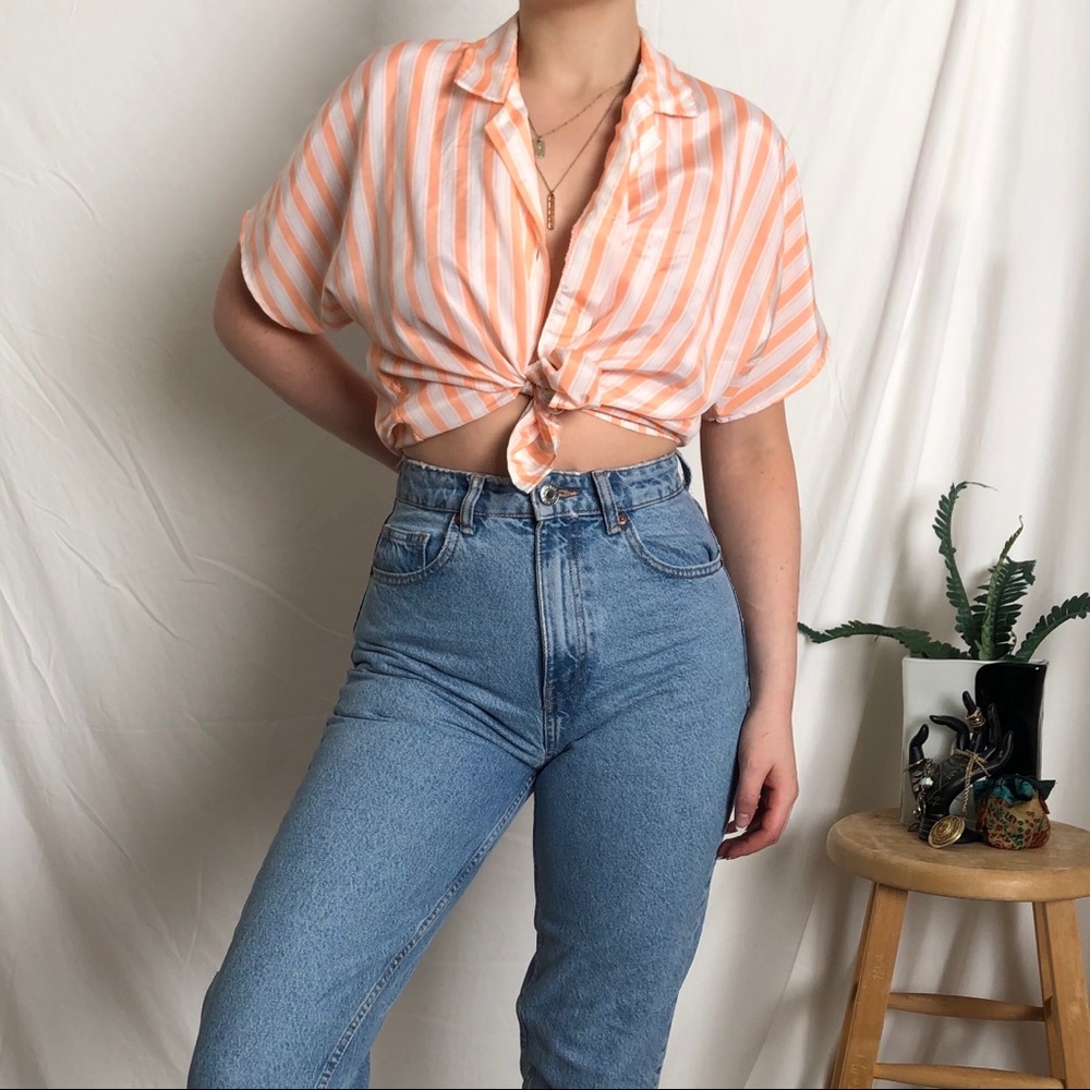 Striped 70s silk button-down short sleeve blouse